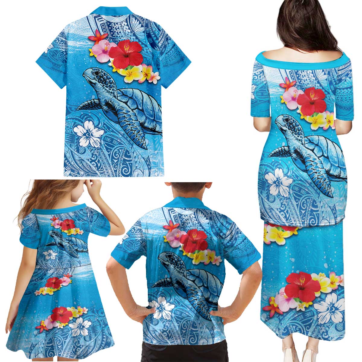 Hawaii Sea Turtle and Tropical Flowers Family Matching Puletasi and Hawaiian Shirt Polynesian Tattoo Undersea Vibe