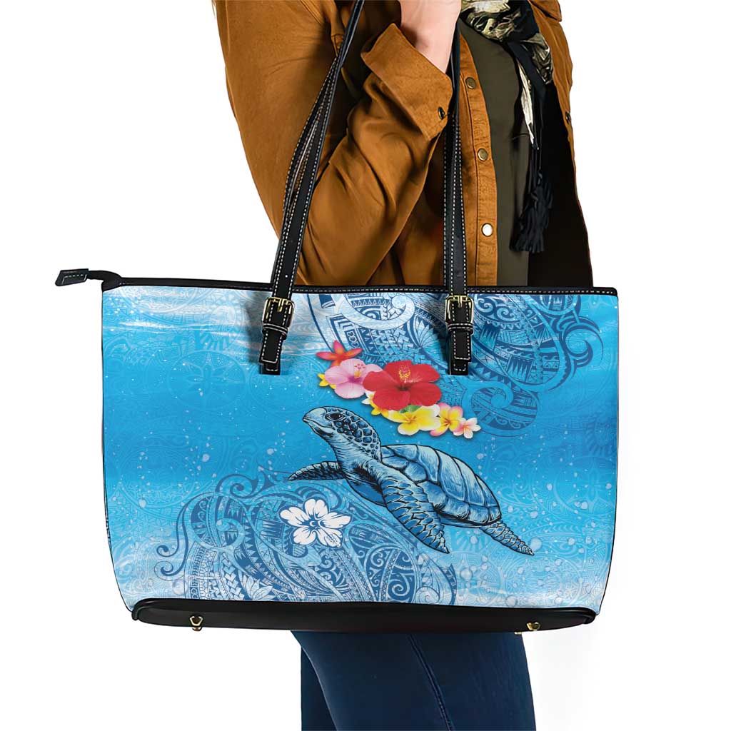 Hawaii Sea Turtle and Tropical Flowers Leather Tote Bag Polynesian Tattoo Undersea Vibe