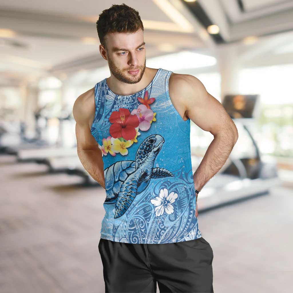 Hawaii Sea Turtle and Tropical Flowers Men Tank Top Polynesian Tattoo Undersea Vibe