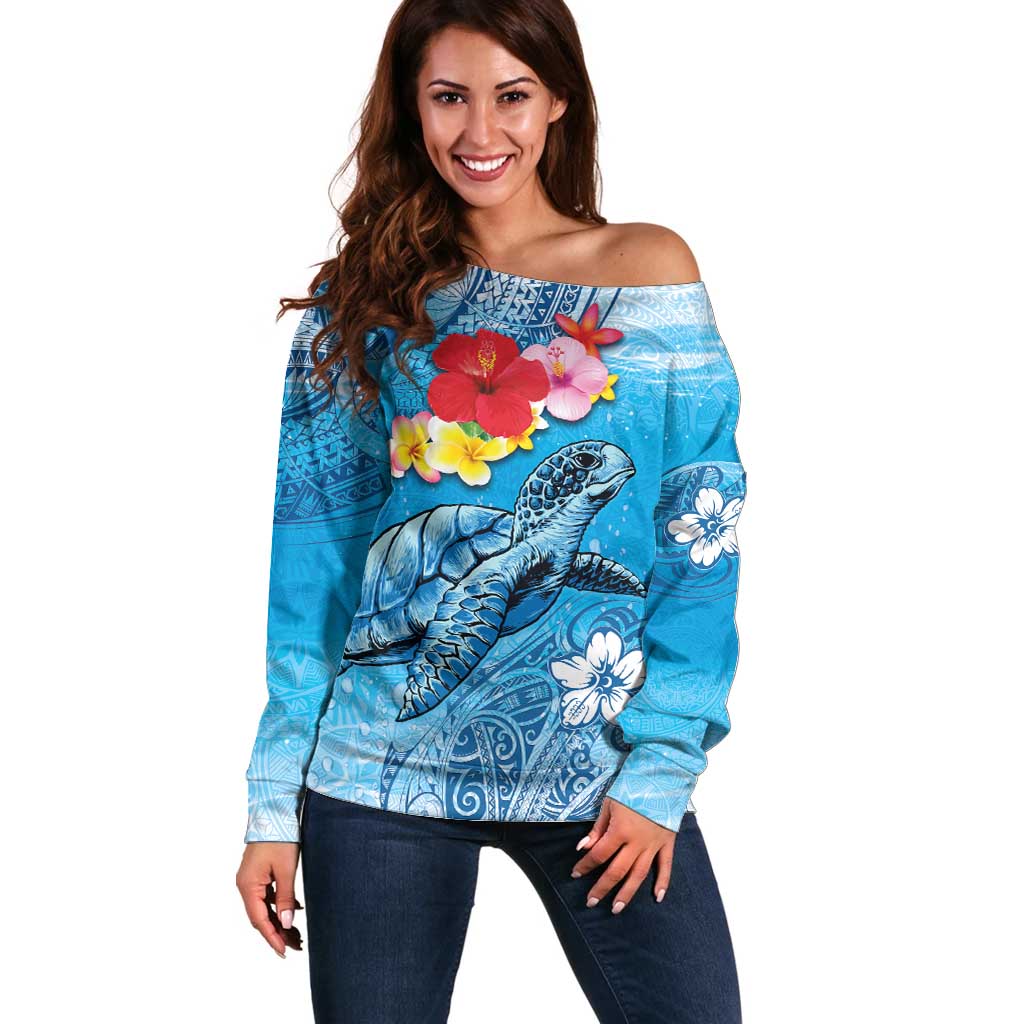 Hawaii Sea Turtle and Tropical Flowers Off Shoulder Sweater Polynesian Tattoo Undersea Vibe