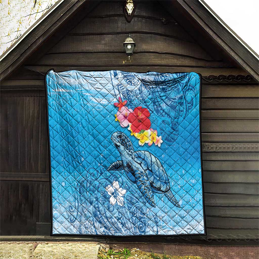 Hawaii Sea Turtle and Tropical Flowers Quilt Polynesian Tattoo Undersea Vibe