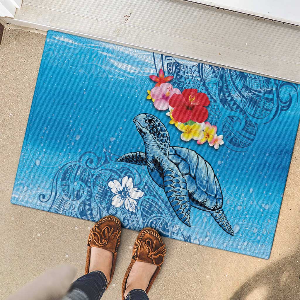 Hawaii Sea Turtle and Tropical Flowers Rubber Doormat Polynesian Tattoo Undersea Vibe