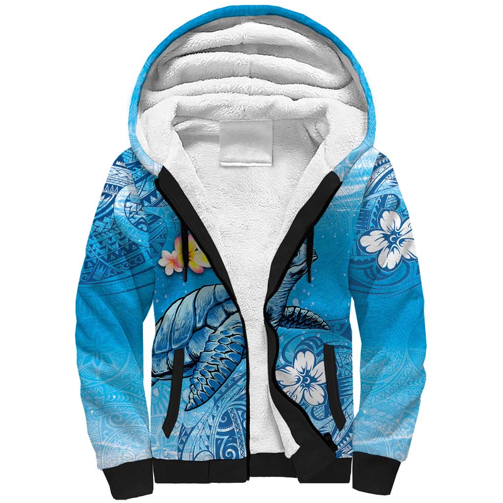 Hawaii Sea Turtle and Tropical Flowers Sherpa Hoodie Polynesian Tattoo Undersea Vibe