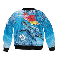 Hawaii Sea Turtle and Tropical Flowers Sleeve Zip Bomber Jacket Polynesian Tattoo Undersea Vibe