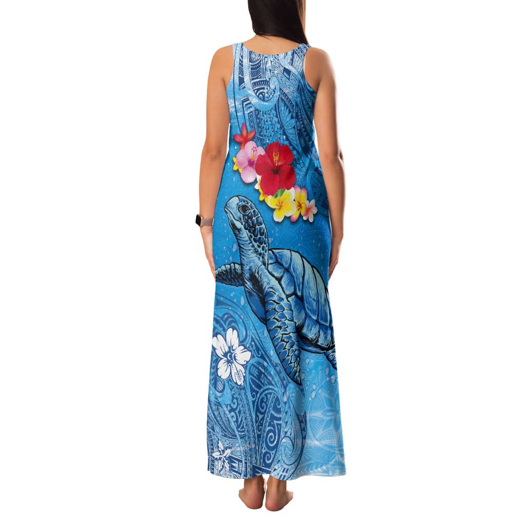Hawaii Sea Turtle and Tropical Flowers Tank Maxi Dress Polynesian Tattoo Undersea Vibe