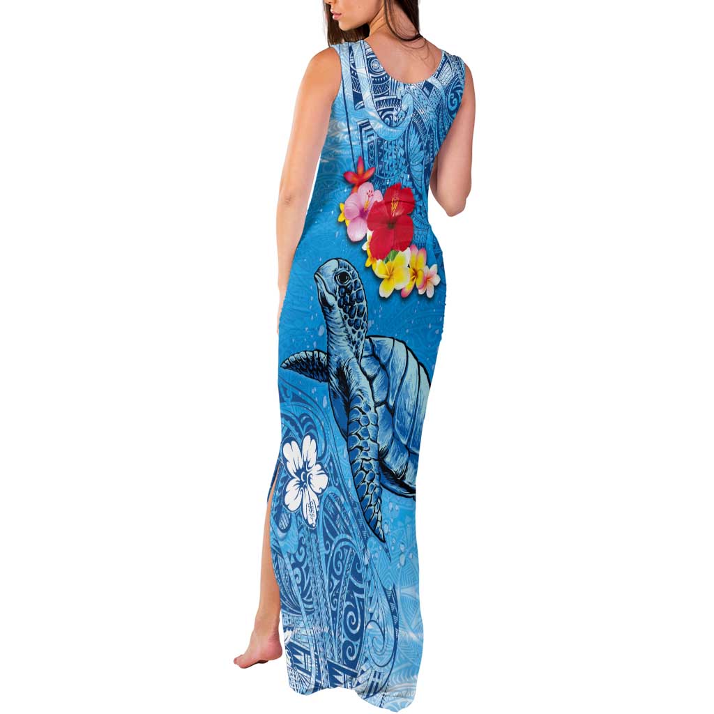 Hawaii Sea Turtle and Tropical Flowers Tank Maxi Dress Polynesian Tattoo Undersea Vibe