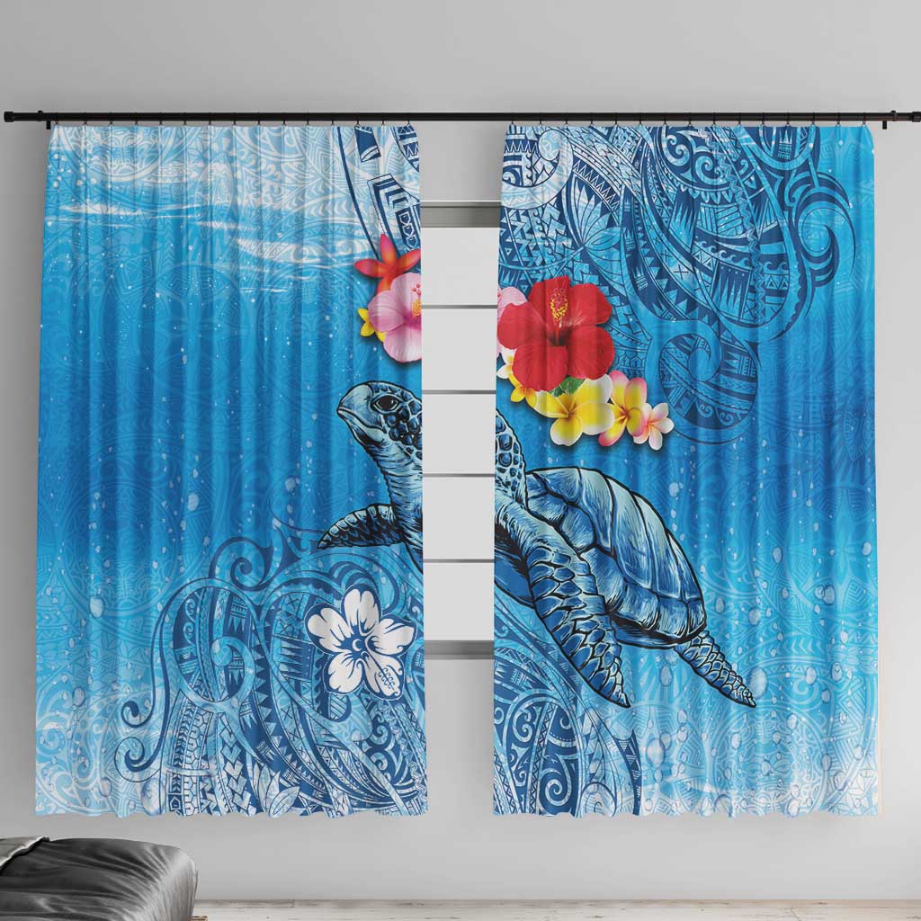 Hawaii Sea Turtle and Tropical Flowers Window Curtain Polynesian Tattoo Undersea Vibe