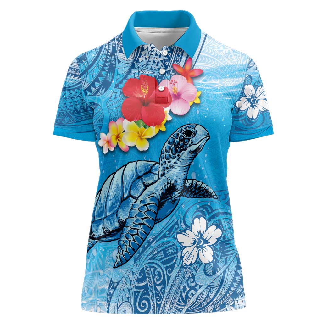 Hawaii Sea Turtle and Tropical Flowers Women Polo Shirt Polynesian Tattoo Undersea Vibe