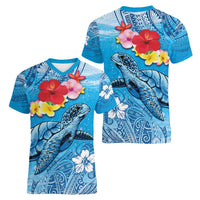 Hawaii Sea Turtle and Tropical Flowers Women V-Neck T-Shirt Polynesian Tattoo Undersea Vibe