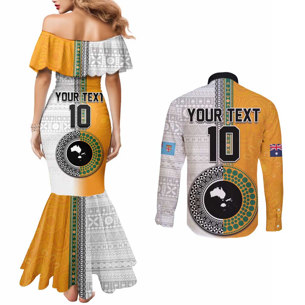 Custom Fiji and Australia Rugby Couples Matching Mermaid Dress and Long Sleeve Button Shirt Aboriginal and Fijian Masi Pattern