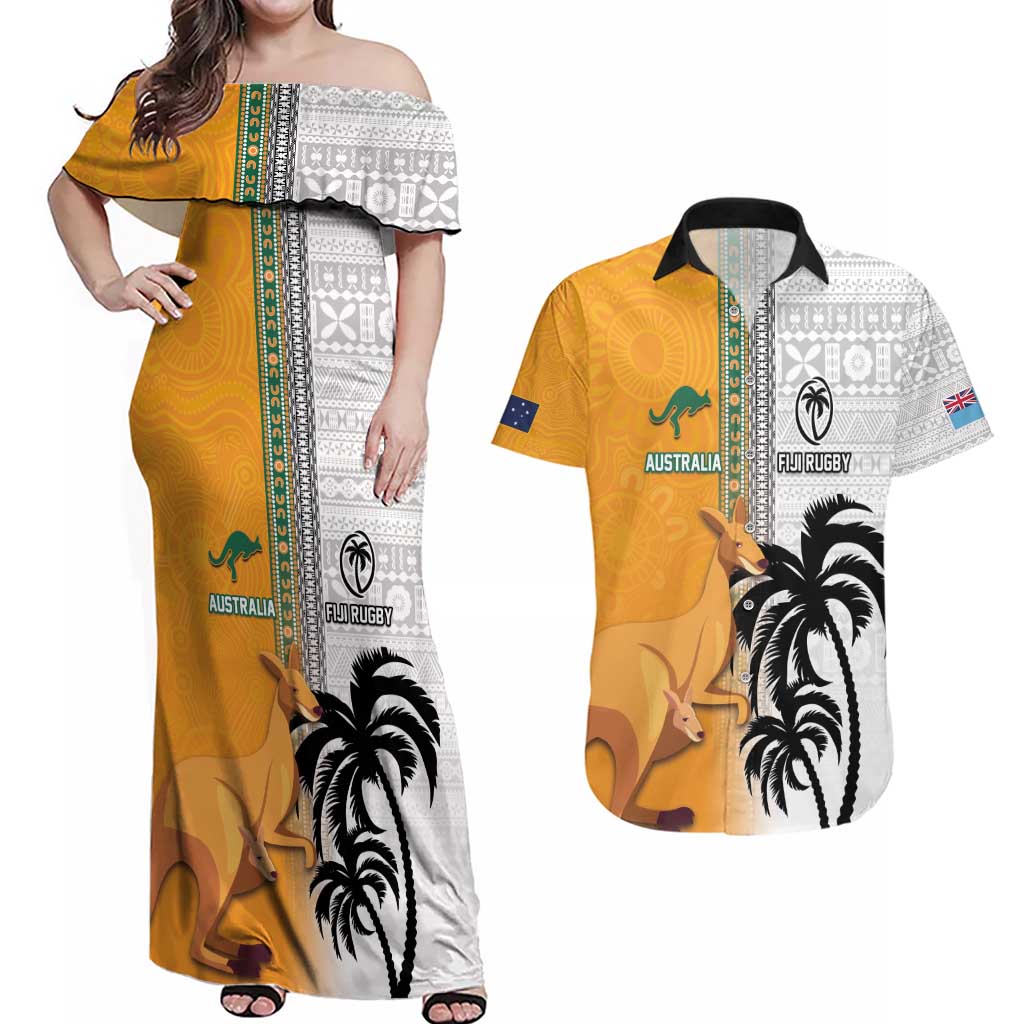 Custom Fiji and Australia Rugby Couples Matching Off Shoulder Maxi Dress and Hawaiian Shirt Aboriginal and Fijian Masi Pattern