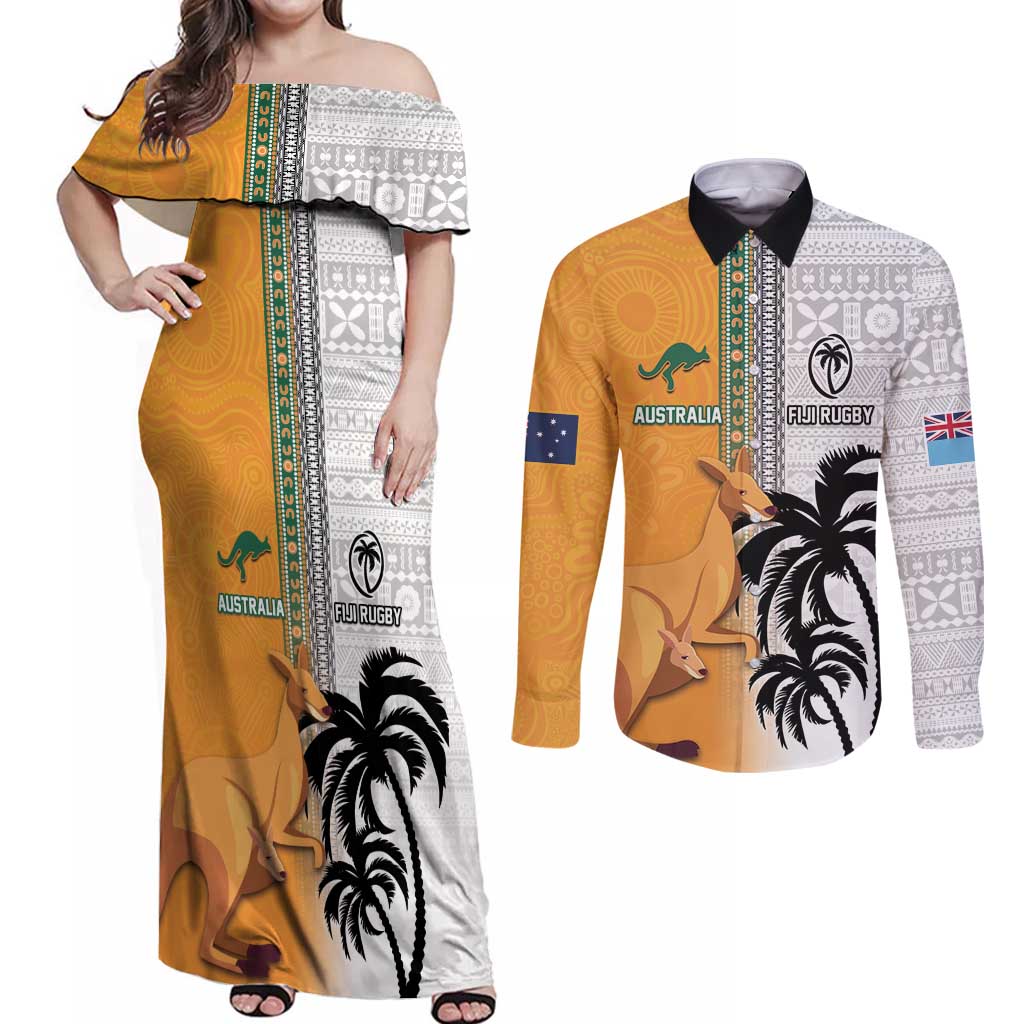 Custom Fiji and Australia Rugby Couples Matching Off Shoulder Maxi Dress and Long Sleeve Button Shirt Aboriginal and Fijian Masi Pattern