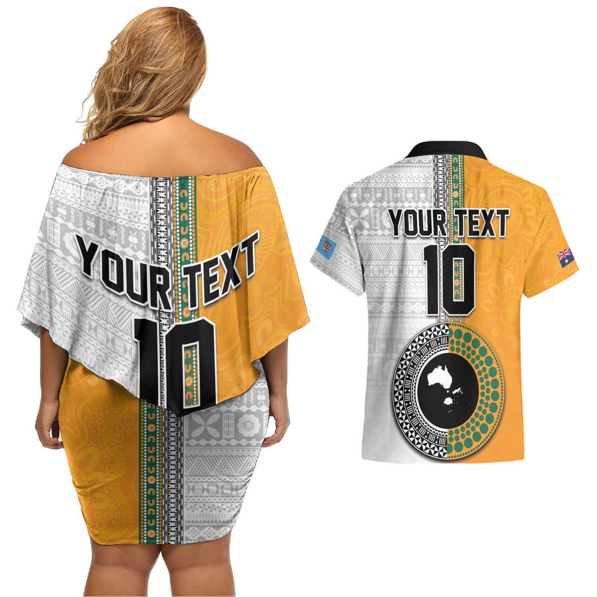 Custom Fiji and Australia Rugby Couples Matching Off Shoulder Short Dress and Hawaiian Shirt Aboriginal and Fijian Masi Pattern