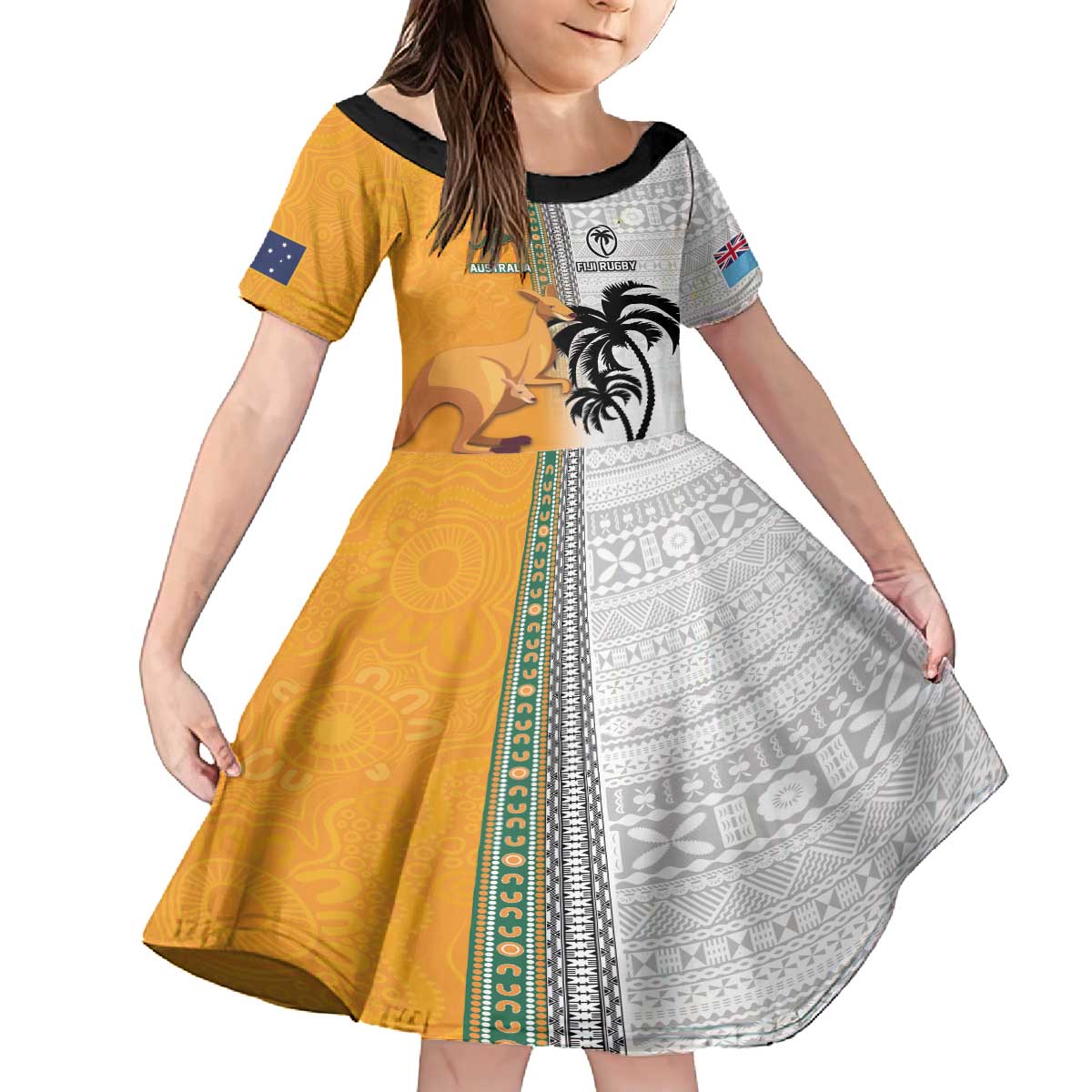 Custom Fiji and Australia Rugby Family Matching Off The Shoulder Long Sleeve Dress and Hawaiian Shirt Aboriginal and Fijian Masi Pattern