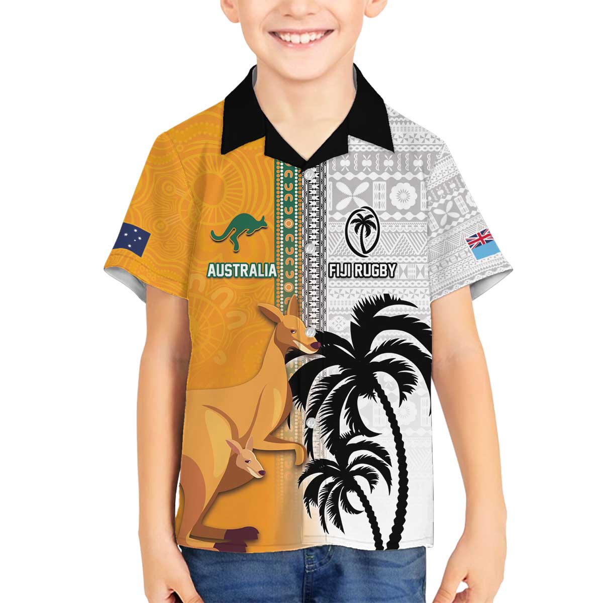 Custom Fiji and Australia Rugby Family Matching Off Shoulder Short Dress and Hawaiian Shirt Aboriginal and Fijian Masi Pattern