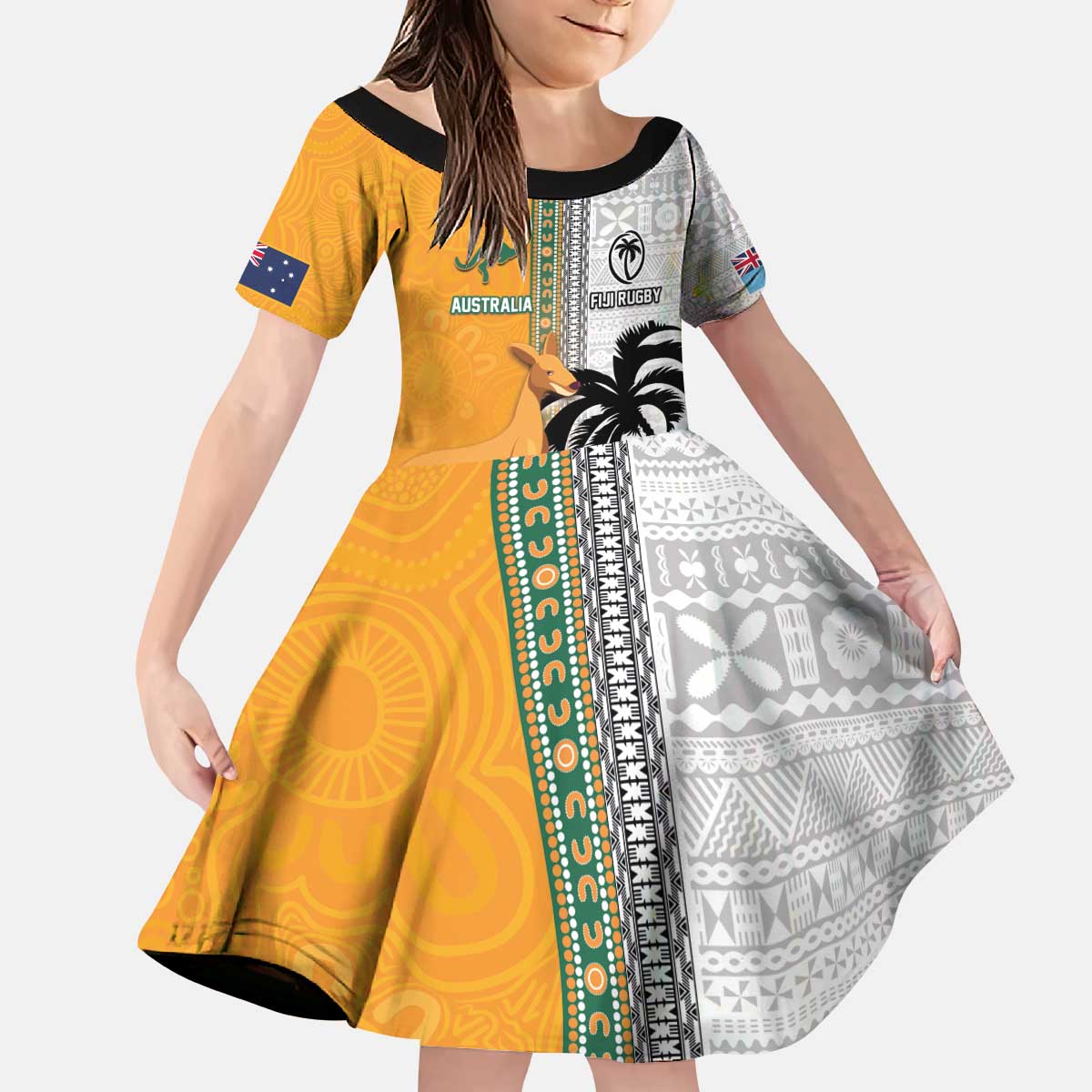 Custom Fiji and Australia Rugby Kid Short Sleeve Dress Aboriginal and Fijian Masi Pattern