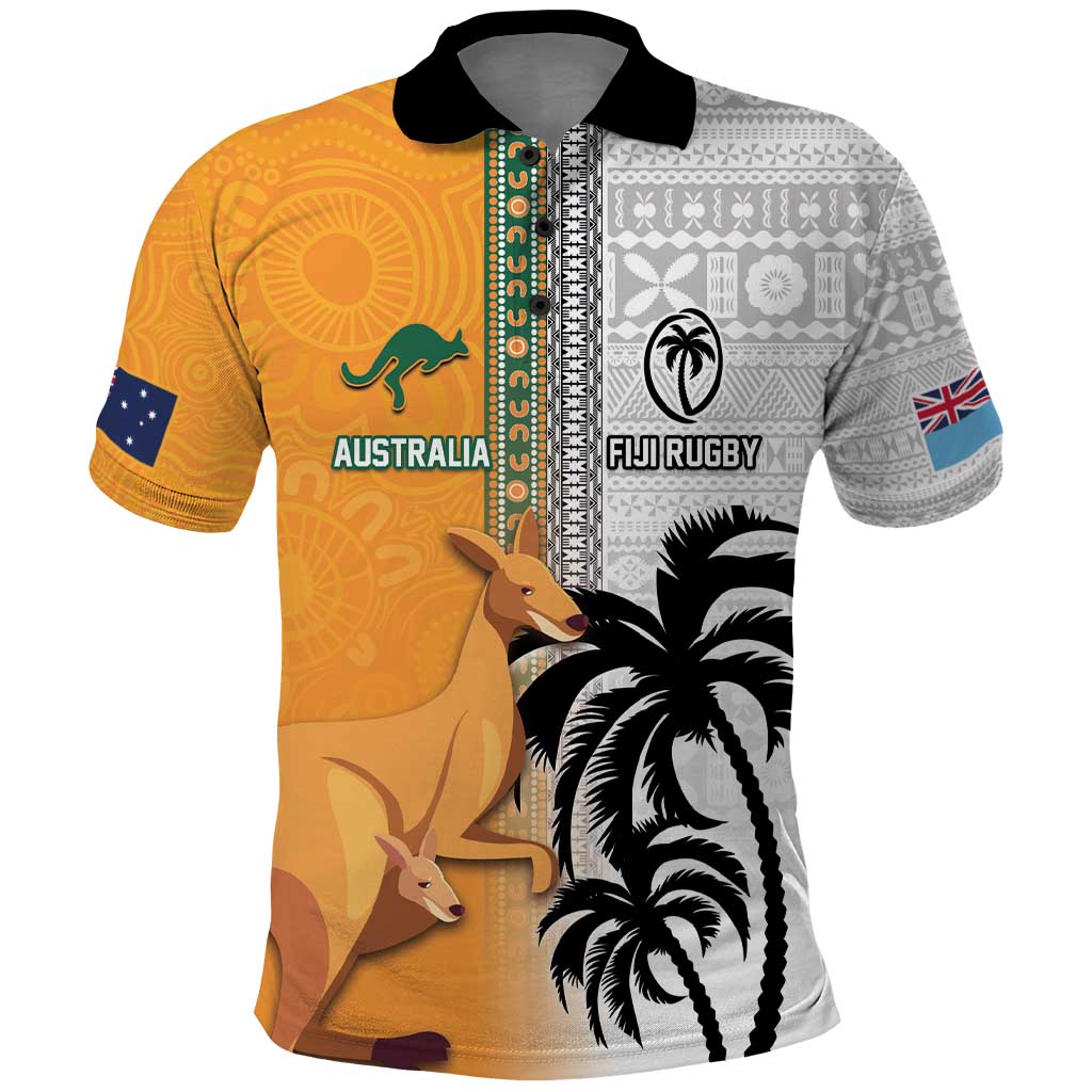 Custom Fiji and Australia Rugby Polo Shirt Aboriginal and Fijian Masi Pattern