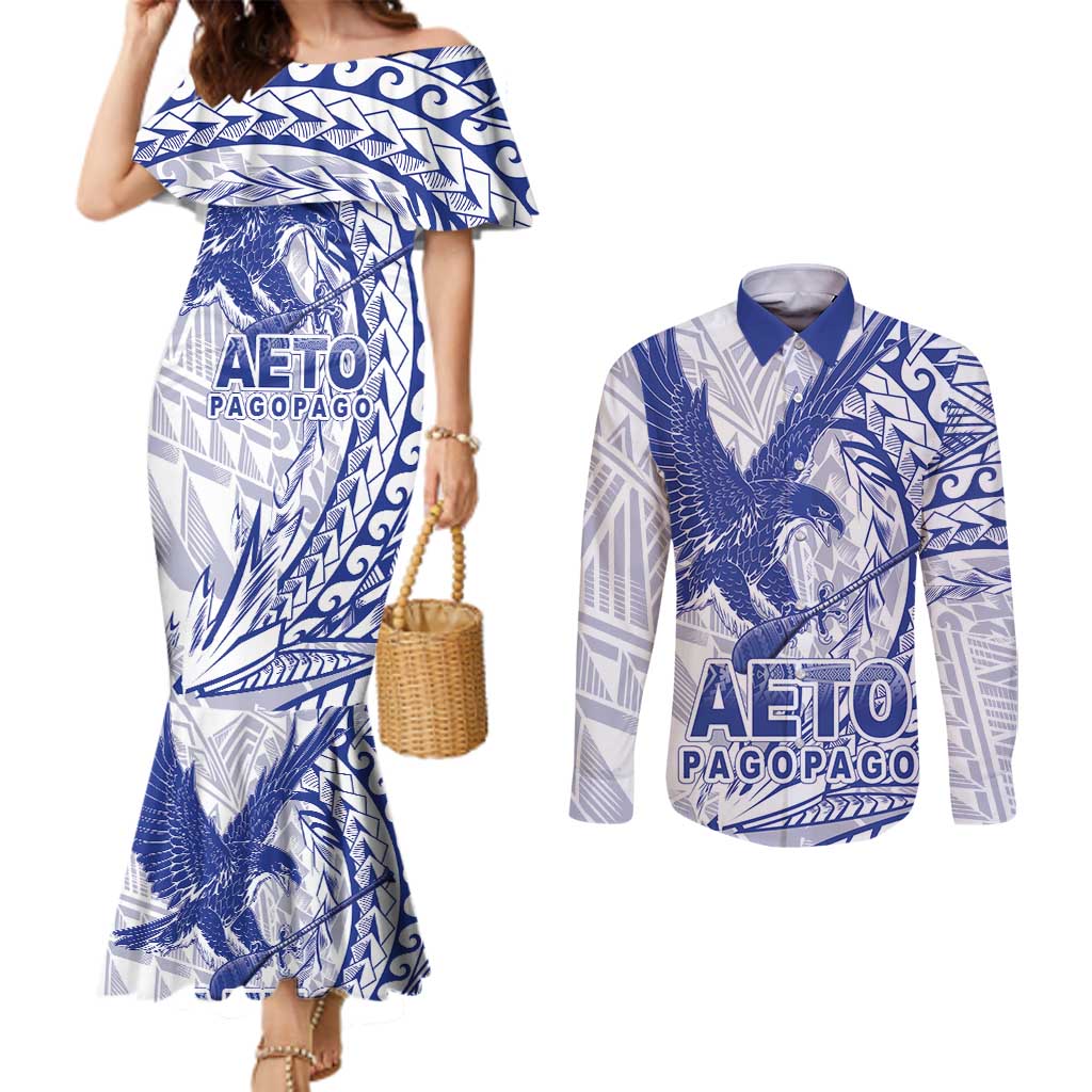 Samoa Pago Pago Aeto Couples Matching Mermaid Dress and Long Sleeve Button Shirt Wingstyle Blue-White Color - Polynesian Pride