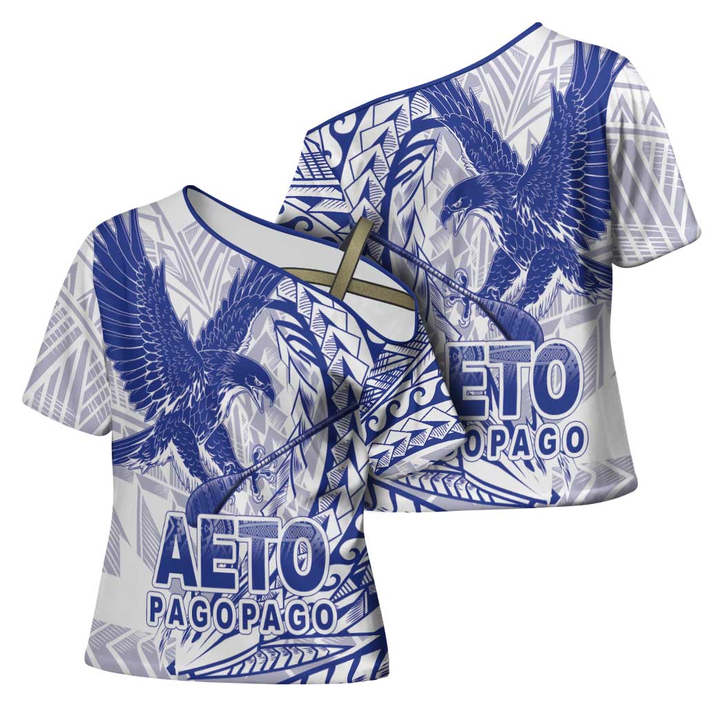 Samoa Pago Pago Aeto Cross Shoulder Shirt Wingstyle Blue-White Color - Polynesian Pride