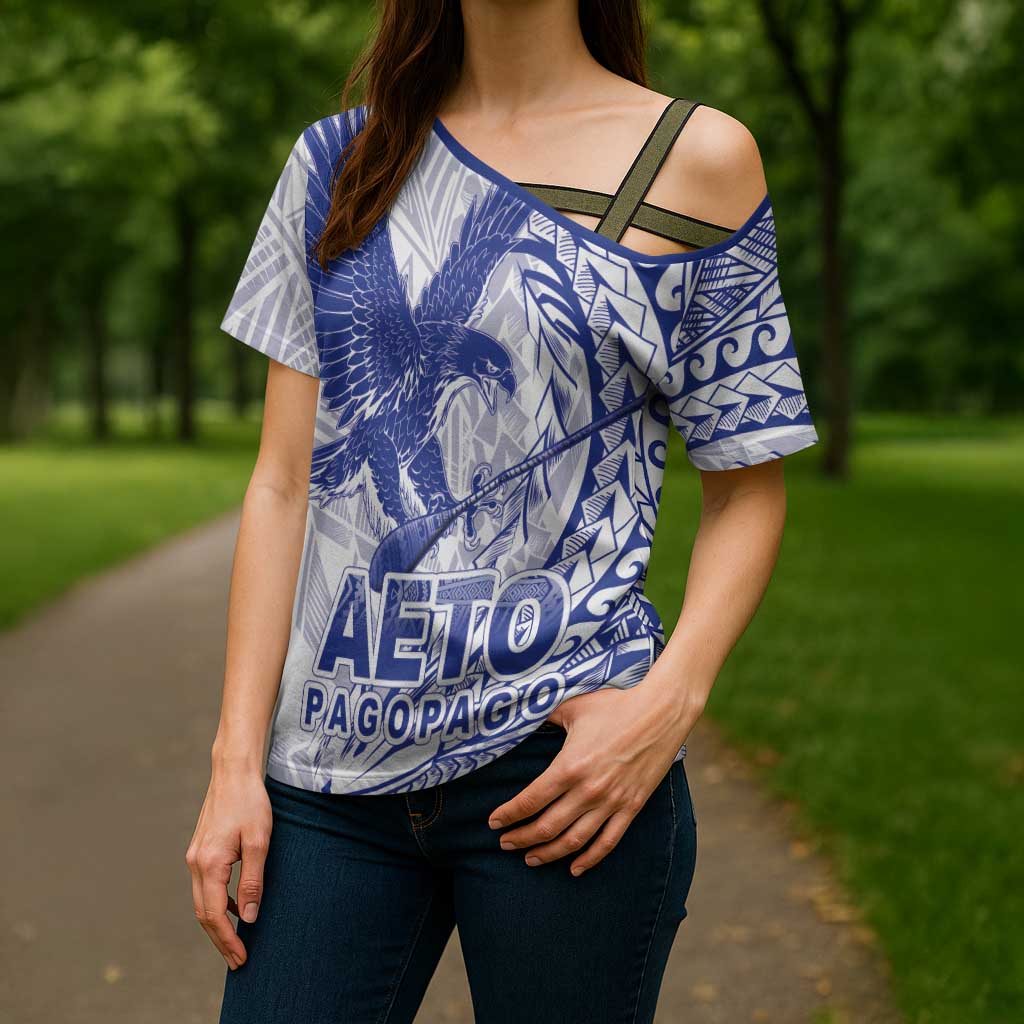 Samoa Pago Pago Aeto Cross Shoulder Shirt Wingstyle Blue-White Color - Polynesian Pride