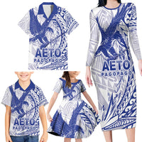 Samoa Pago Pago Aeto Family Matching Long Sleeve Bodycon Dress and Hawaiian Shirt Wingstyle Blue-White Color - Polynesian Pride