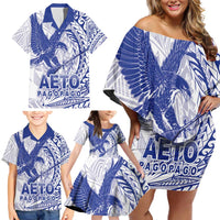 Samoa Pago Pago Aeto Family Matching Off Shoulder Short Dress and Hawaiian Shirt Wingstyle Blue-White Color - Polynesian Pride