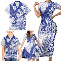 Samoa Pago Pago Aeto Family Matching Short Sleeve Bodycon Dress and Hawaiian Shirt Wingstyle Blue-White Color - Polynesian Pride