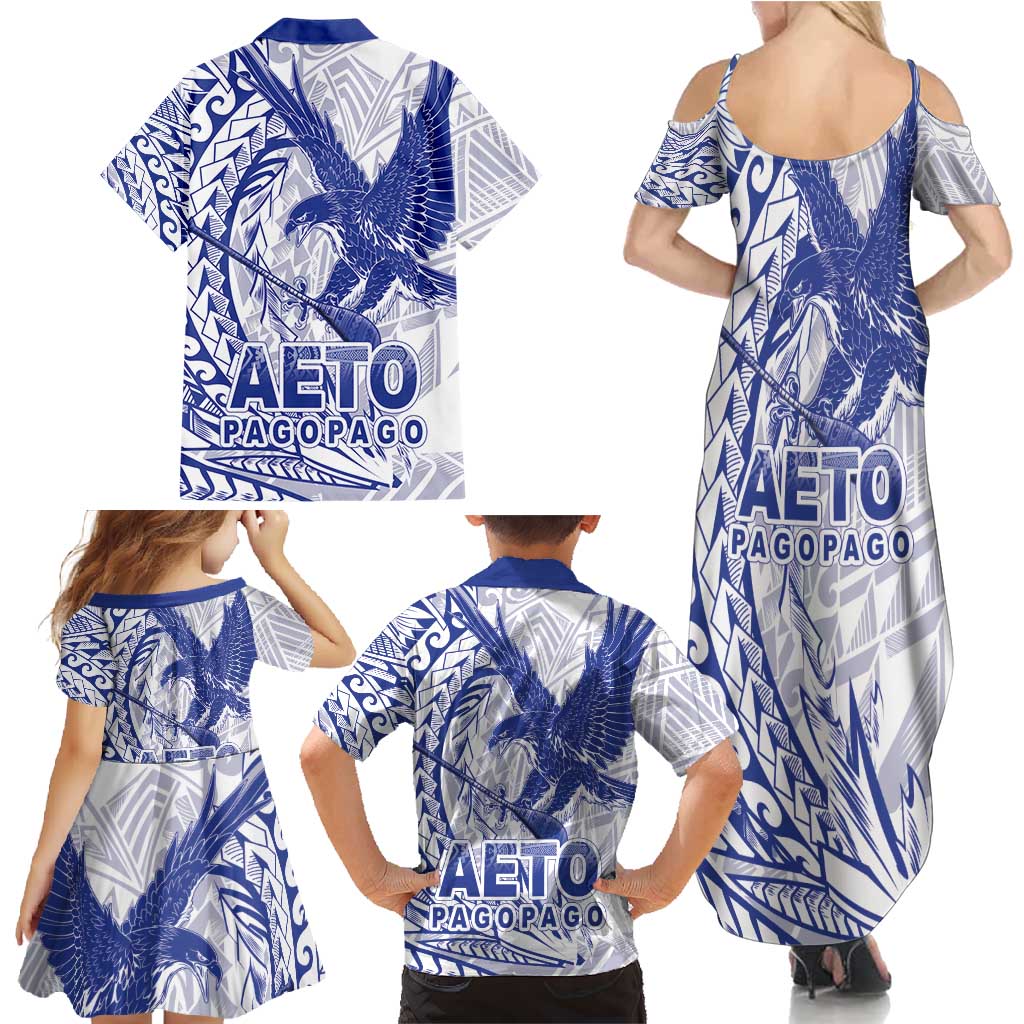 Samoa Pago Pago Aeto Family Matching Summer Maxi Dress and Hawaiian Shirt Wingstyle Blue-White Color - Polynesian Pride