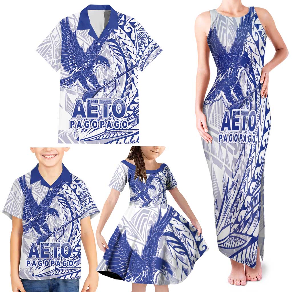 Samoa Pago Pago Aeto Family Matching Tank Maxi Dress and Hawaiian Shirt Wingstyle Blue-White Color - Polynesian Pride