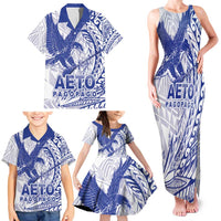Samoa Pago Pago Aeto Family Matching Tank Maxi Dress and Hawaiian Shirt Wingstyle Blue-White Color - Polynesian Pride