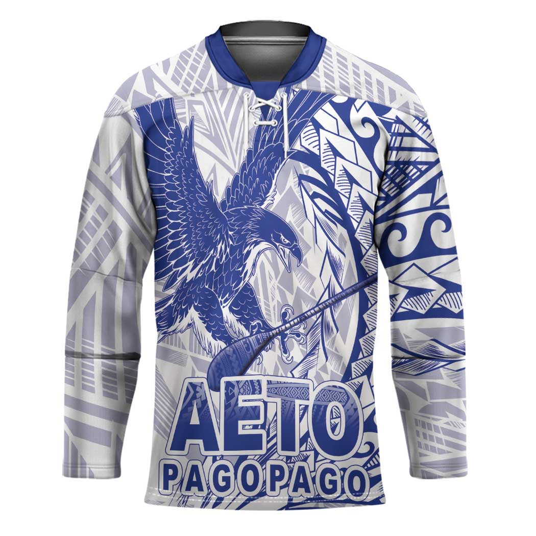 American Samoa Pago Pago Aeto Hockey Jersey Wingstyle Blue-White Color LT03 Unisex White - Polynesian Pride
