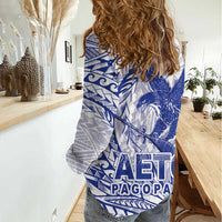 Samoa Pago Pago Aeto Women Casual Shirt Wingstyle Blue-White Color - Polynesian Pride