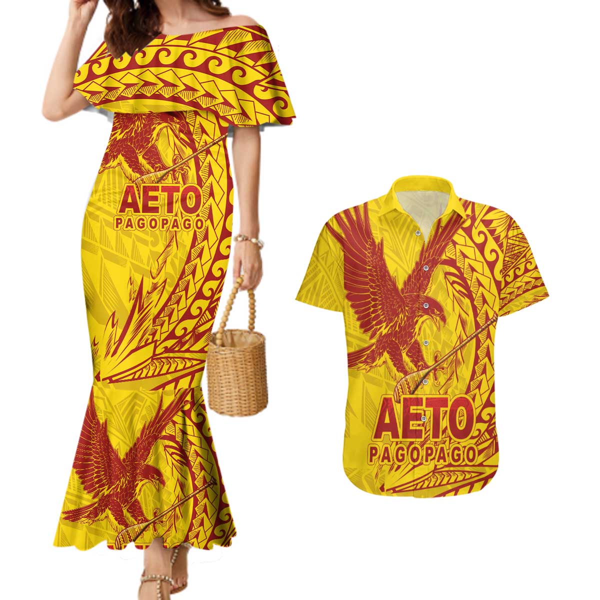 Samoa Pago Pago Aeto Couples Matching Mermaid Dress and Hawaiian Shirt Wingstyle Red-Gold Color - Polynesian Pride