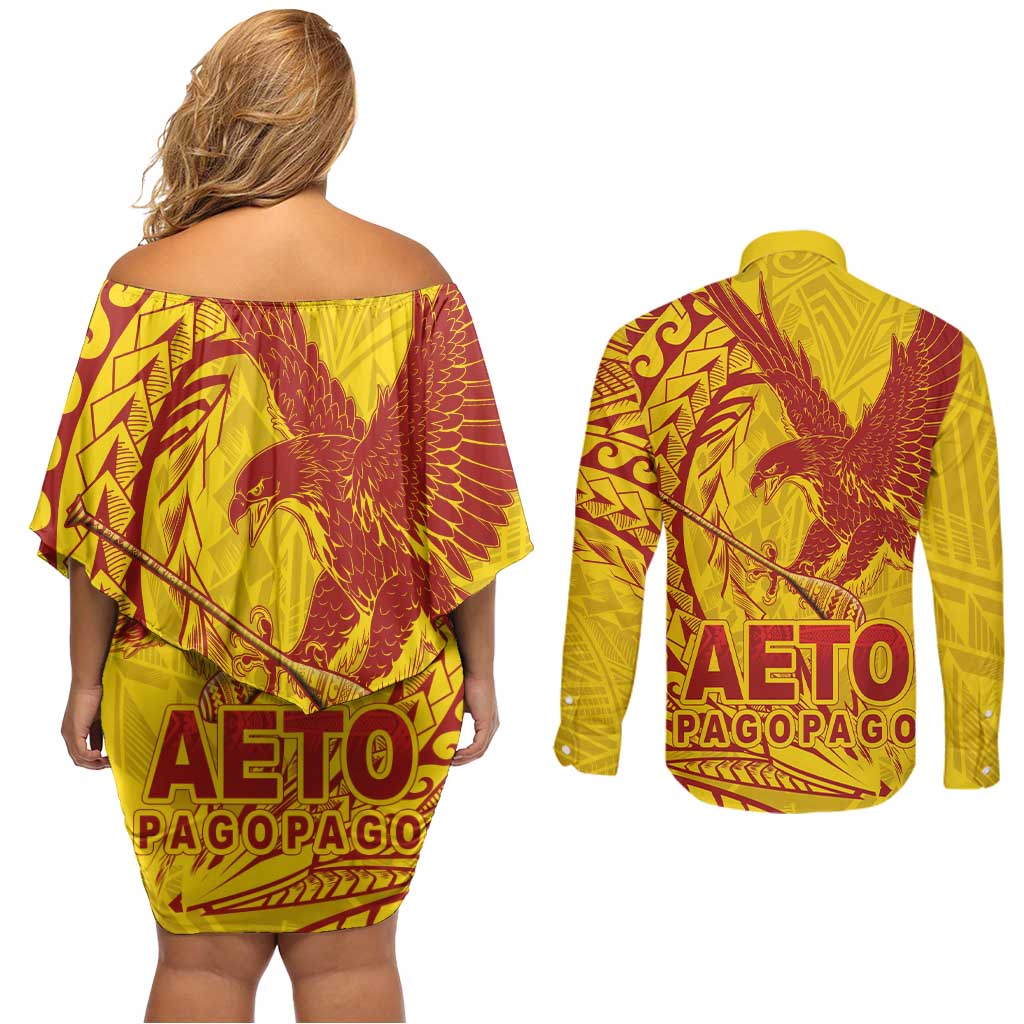 Samoa Pago Pago Aeto Couples Matching Off Shoulder Short Dress and Long Sleeve Button Shirt Wingstyle Red-Gold Color - Polynesian Pride