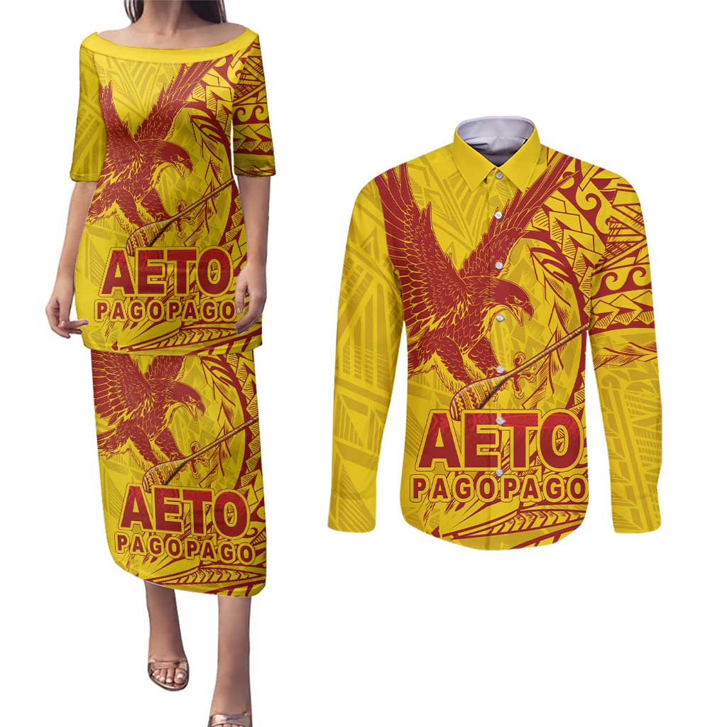 Samoa Pago Pago Aeto Couples Matching Puletasi and Long Sleeve Button Shirt Wingstyle Red-Gold Color - Polynesian Pride