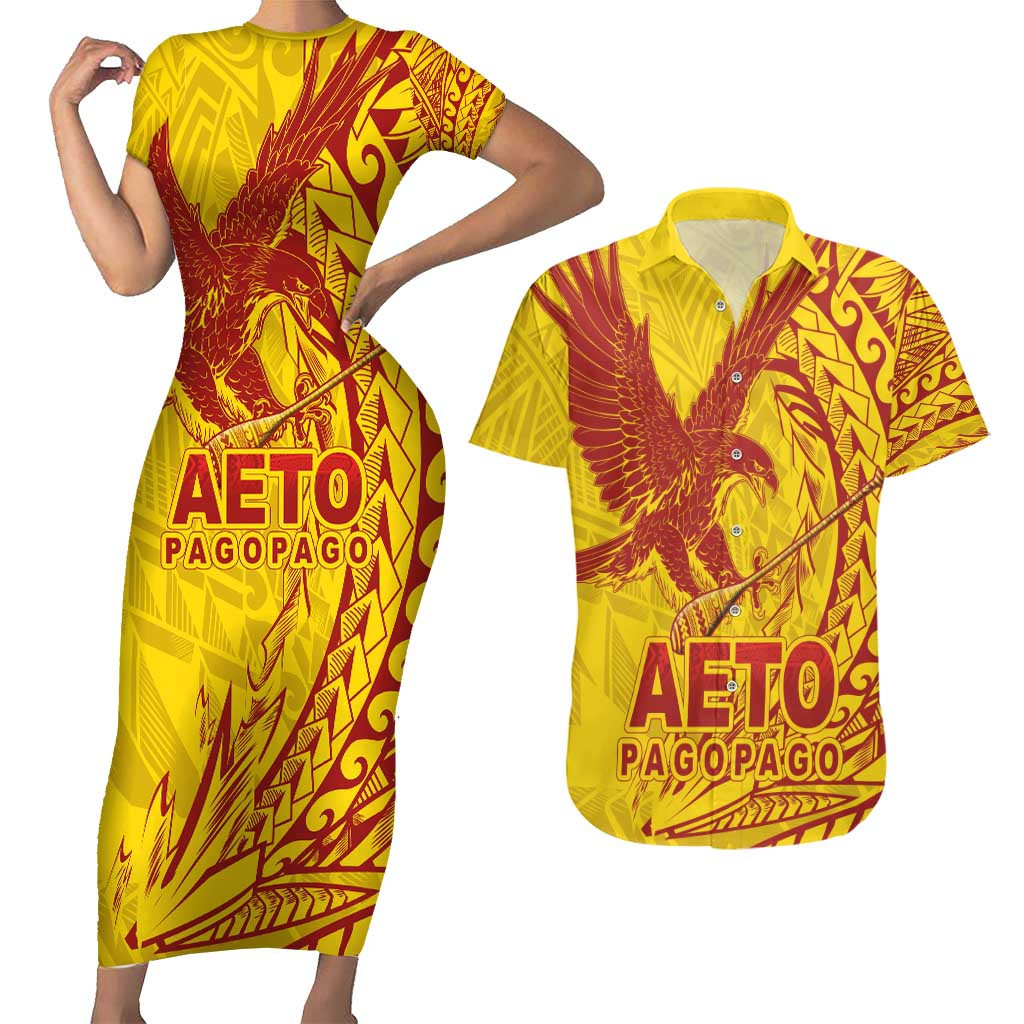 American Samoa Pago Pago Aeto Couples Matching Short Sleeve Bodycon Dress and Hawaiian Shirt Wingstyle Red-Gold Color LT03 Yellow - Polynesian Pride