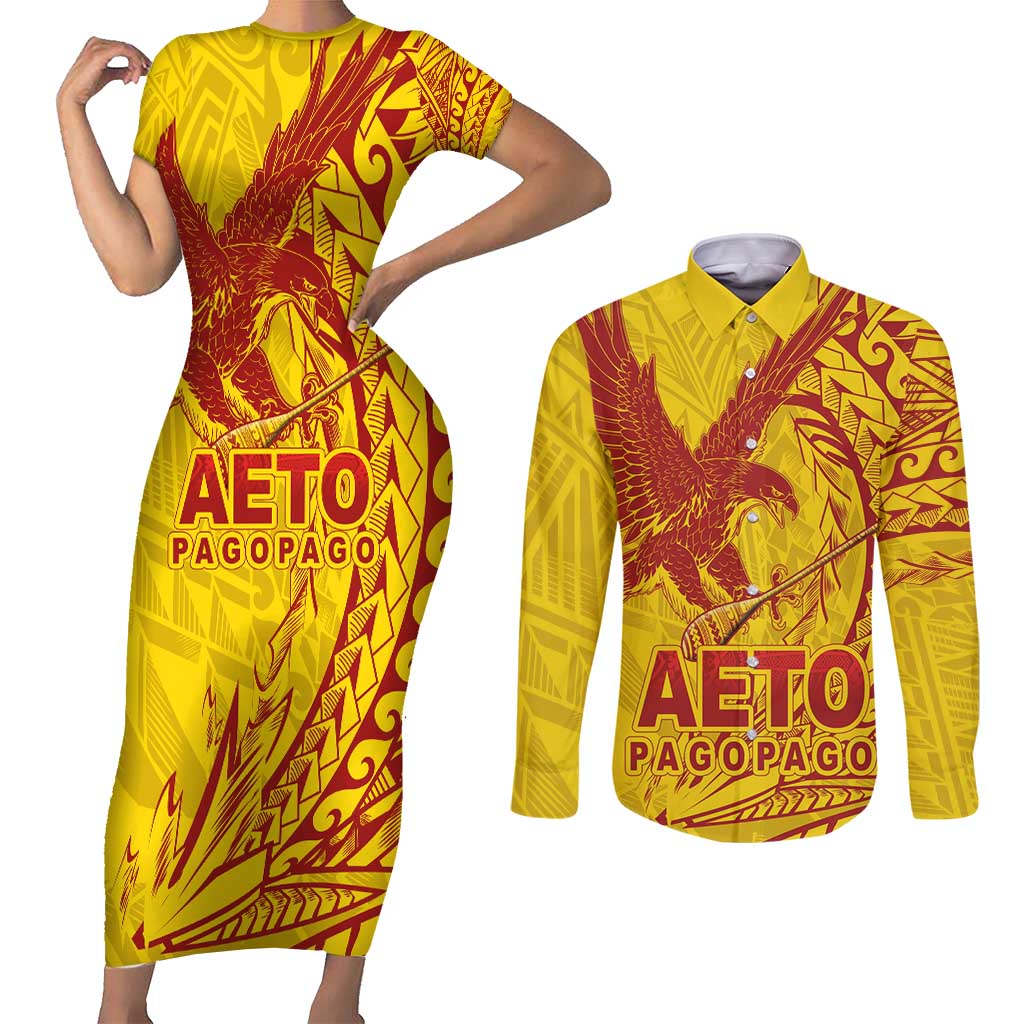 Samoa Pago Pago Aeto Couples Matching Short Sleeve Bodycon Dress and Long Sleeve Button Shirt Wingstyle Red-Gold Color - Polynesian Pride