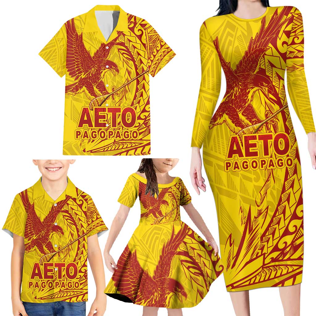Samoa Pago Pago Aeto Family Matching Long Sleeve Bodycon Dress and Hawaiian Shirt Wingstyle Red-Gold Color - Polynesian Pride