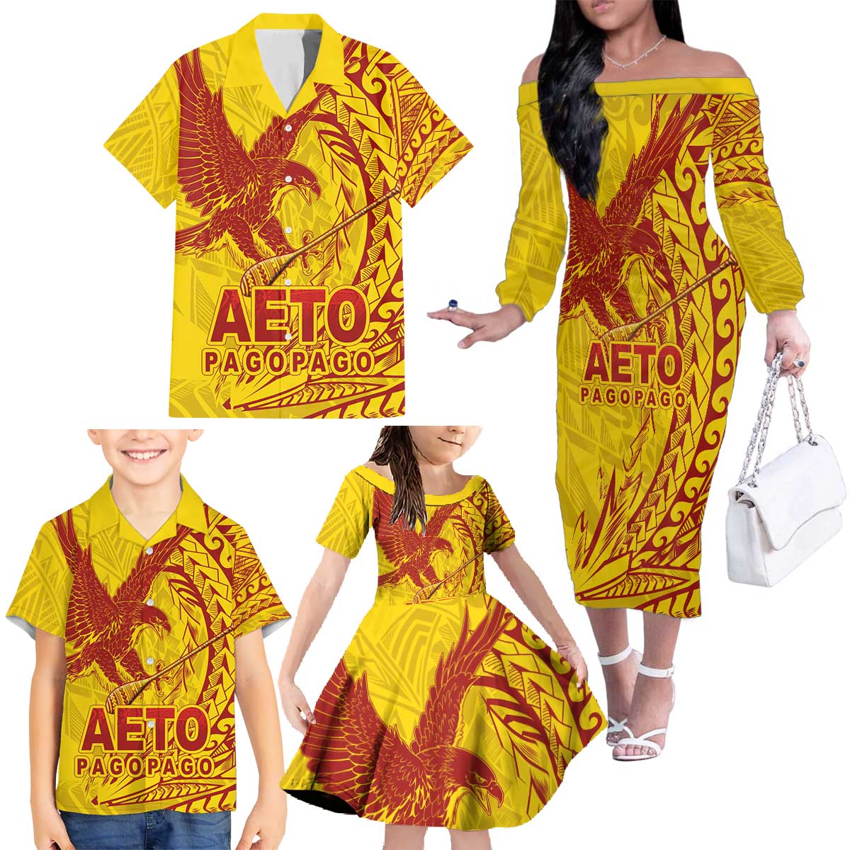 Samoa Pago Pago Aeto Family Matching Off The Shoulder Long Sleeve Dress and Hawaiian Shirt Wingstyle Red-Gold Color - Polynesian Pride