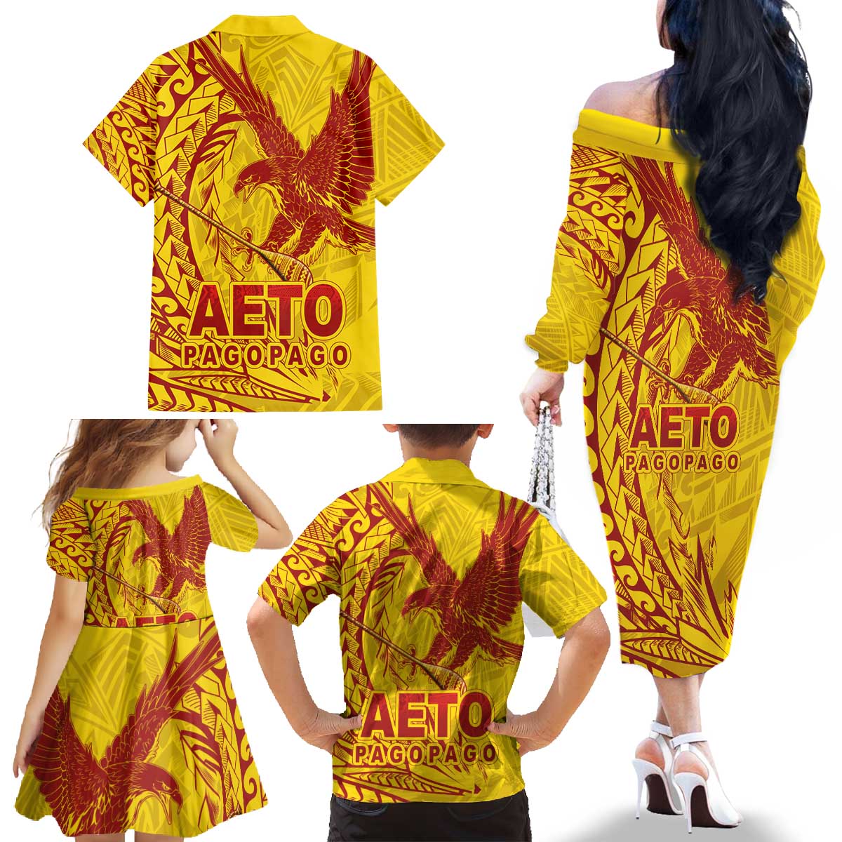 Samoa Pago Pago Aeto Family Matching Off The Shoulder Long Sleeve Dress and Hawaiian Shirt Wingstyle Red-Gold Color - Polynesian Pride