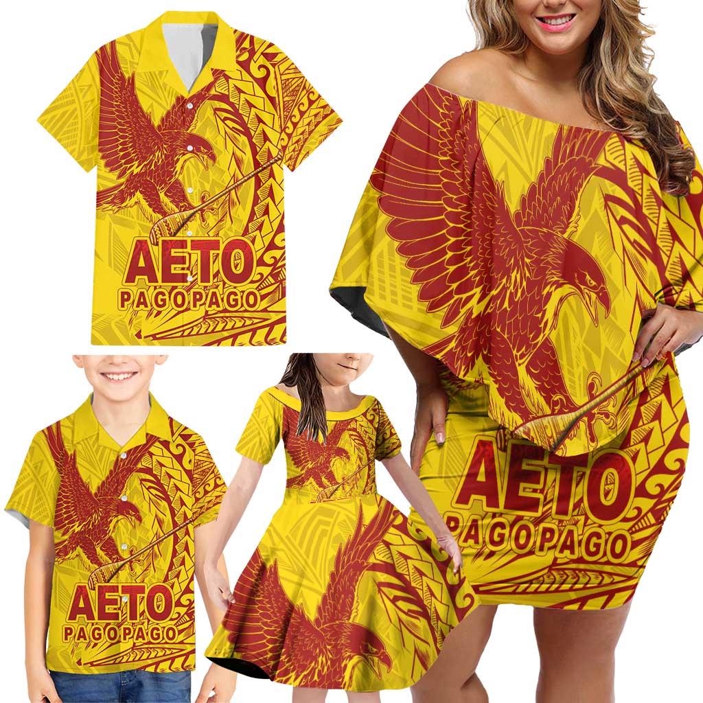 Samoa Pago Pago Aeto Family Matching Off Shoulder Short Dress and Hawaiian Shirt Wingstyle Red-Gold Color - Polynesian Pride