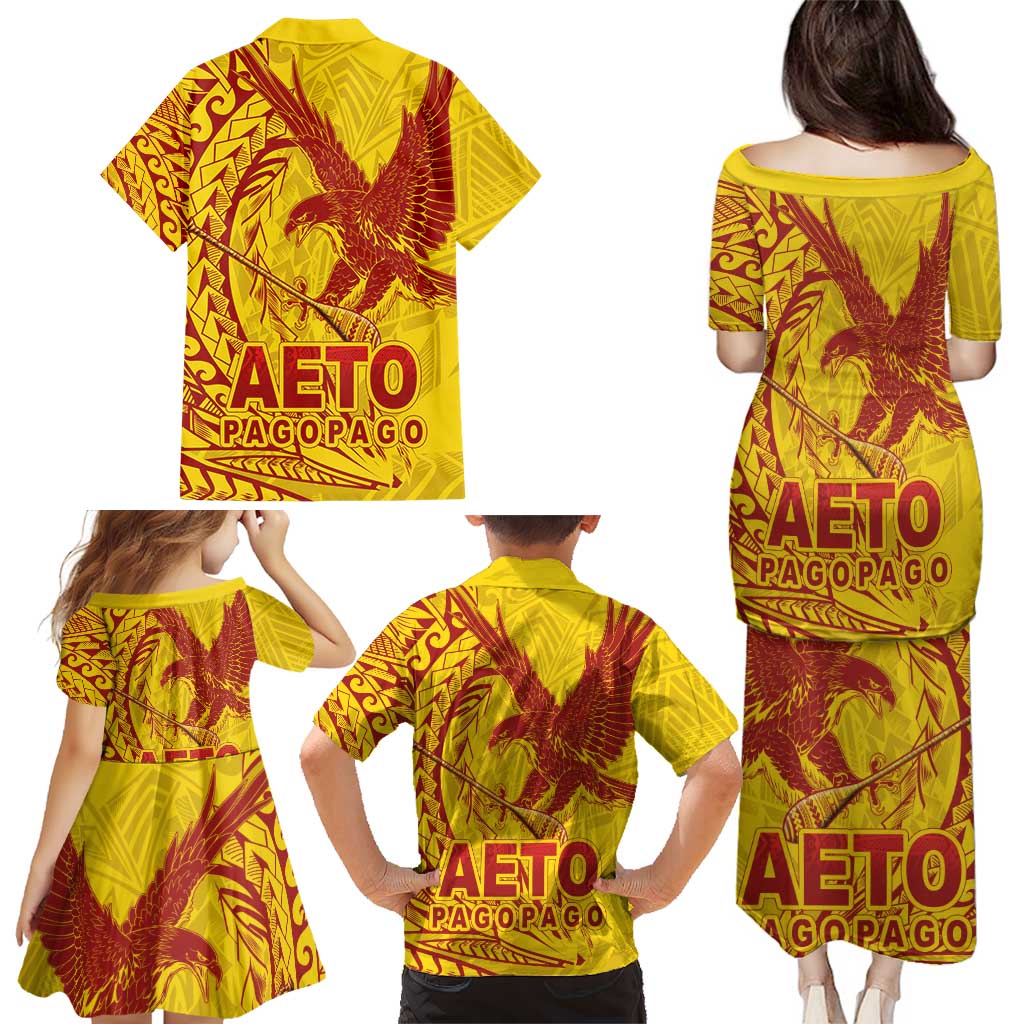 Samoa Pago Pago Aeto Family Matching Puletasi and Hawaiian Shirt Wingstyle Red-Gold Color - Polynesian Pride