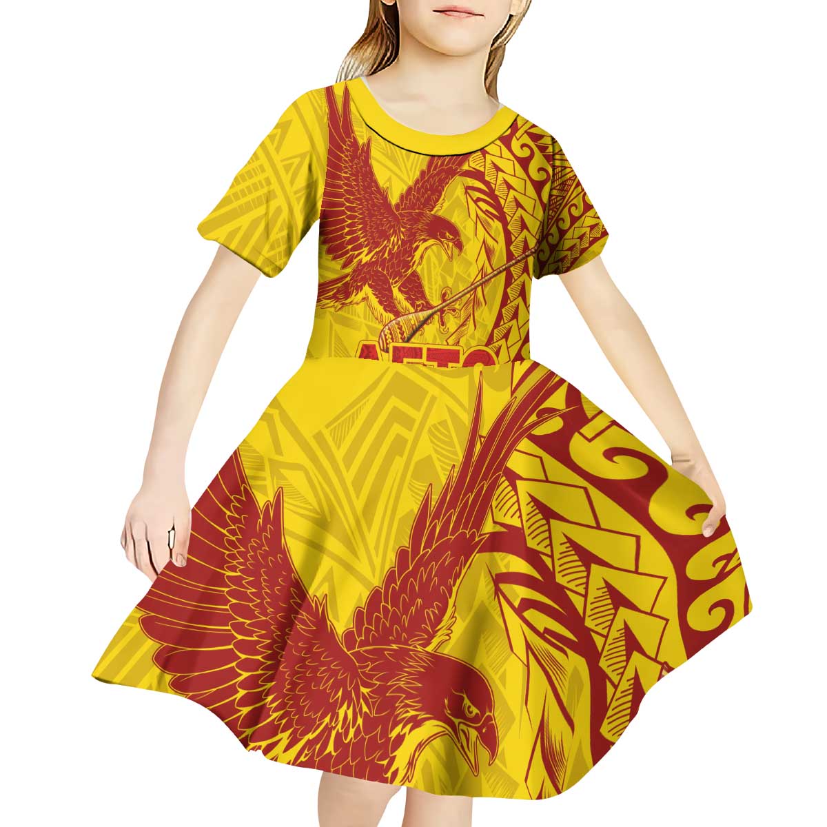 Samoa Pago Pago Aeto Kid Short Sleeve Dress Wingstyle Red-Gold Color - Polynesian Pride