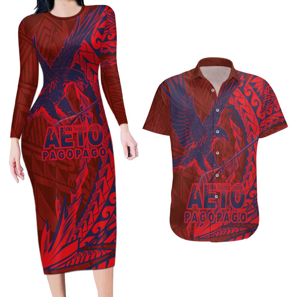 Samoa Pago Pago Aeto Couples Matching Long Sleeve Bodycon Dress and Hawaiian Shirt Wingstyle Red-Blue Color - Polynesian Pride