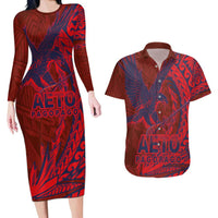 American Samoa Pago Pago Aeto Couples Matching Long Sleeve Bodycon Dress and Hawaiian Shirt Wingstyle Red-Blue Color LT03 Red - Polynesian Pride