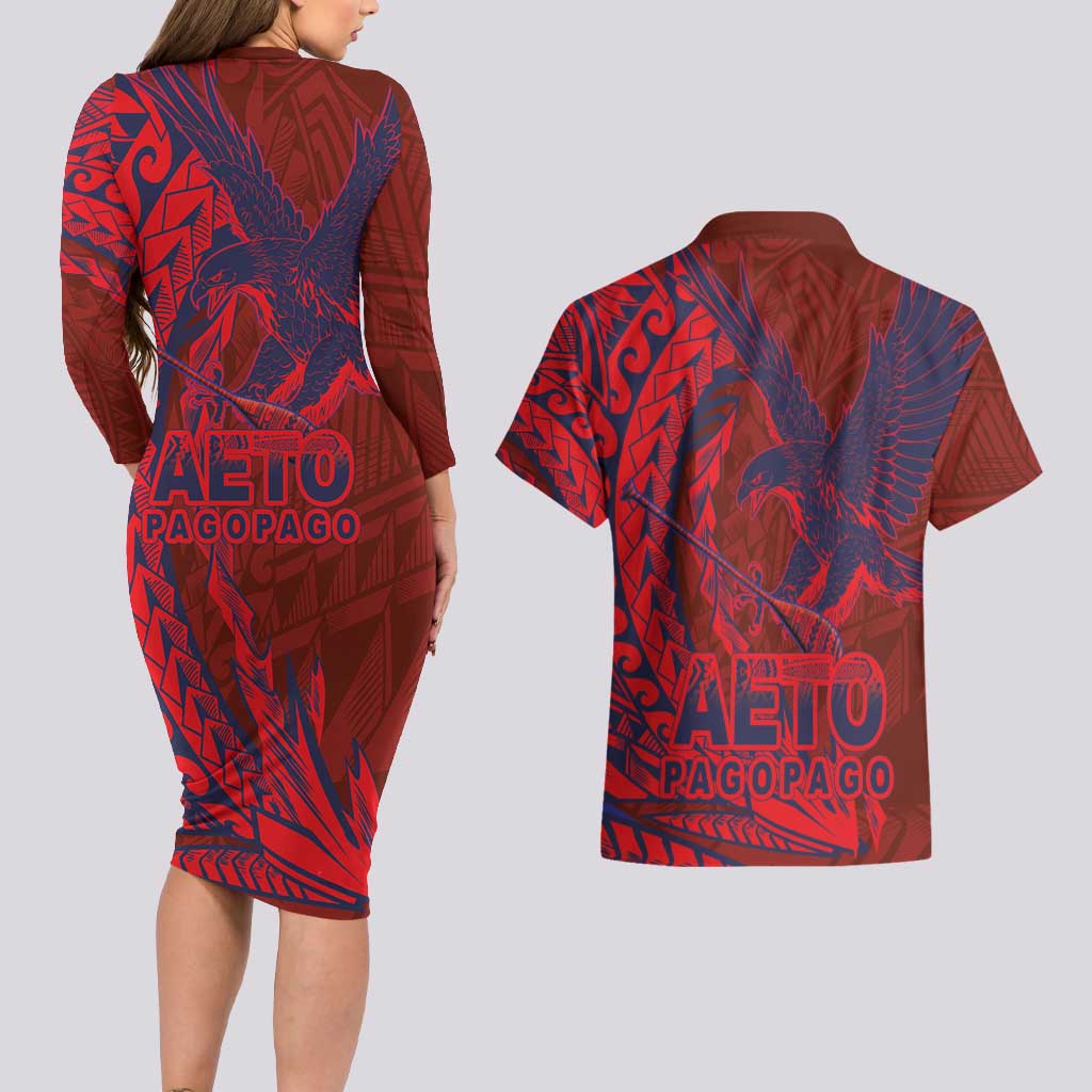 American Samoa Pago Pago Aeto Couples Matching Long Sleeve Bodycon Dress and Hawaiian Shirt Wingstyle Red-Blue Color LT03 - Polynesian Pride