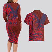 American Samoa Pago Pago Aeto Couples Matching Long Sleeve Bodycon Dress and Hawaiian Shirt Wingstyle Red-Blue Color LT03 - Polynesian Pride
