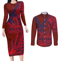 Samoa Pago Pago Aeto Couples Matching Long Sleeve Bodycon Dress and Long Sleeve Button Shirt Wingstyle Red-Blue Color - Polynesian Pride