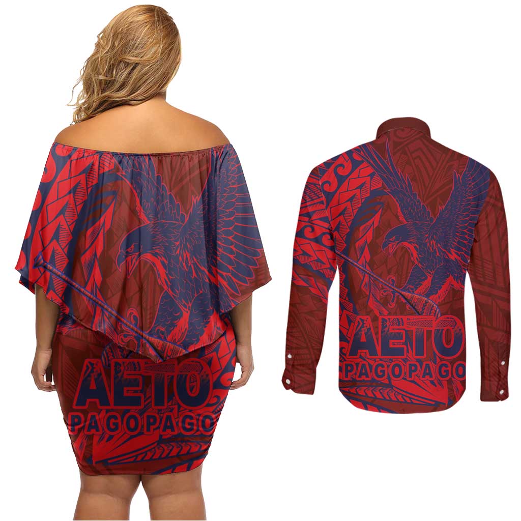Samoa Pago Pago Aeto Couples Matching Off Shoulder Short Dress and Long Sleeve Button Shirt Wingstyle Red-Blue Color - Polynesian Pride