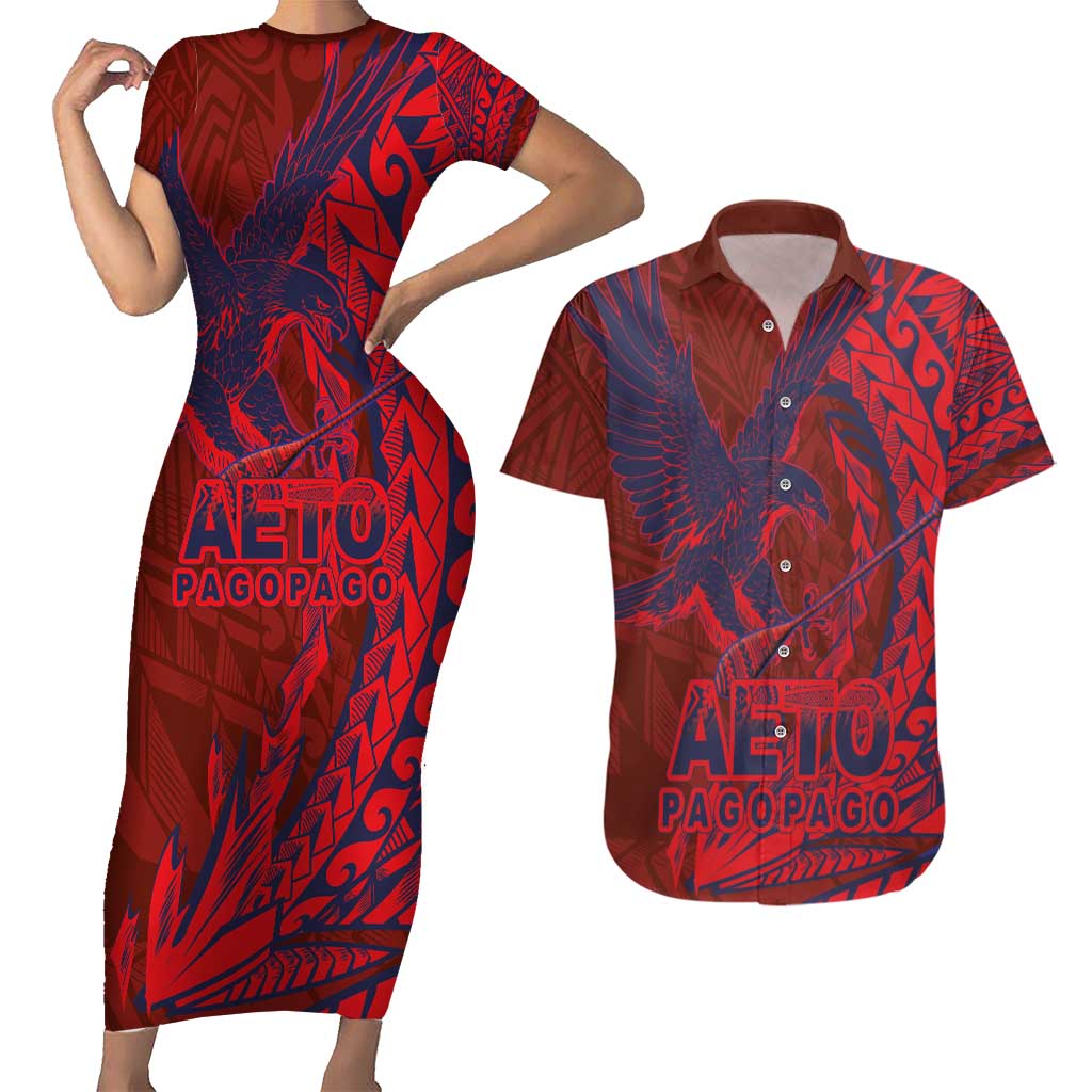 American Samoa Pago Pago Aeto Couples Matching Short Sleeve Bodycon Dress and Hawaiian Shirt Wingstyle Red-Blue Color LT03 Red - Polynesian Pride